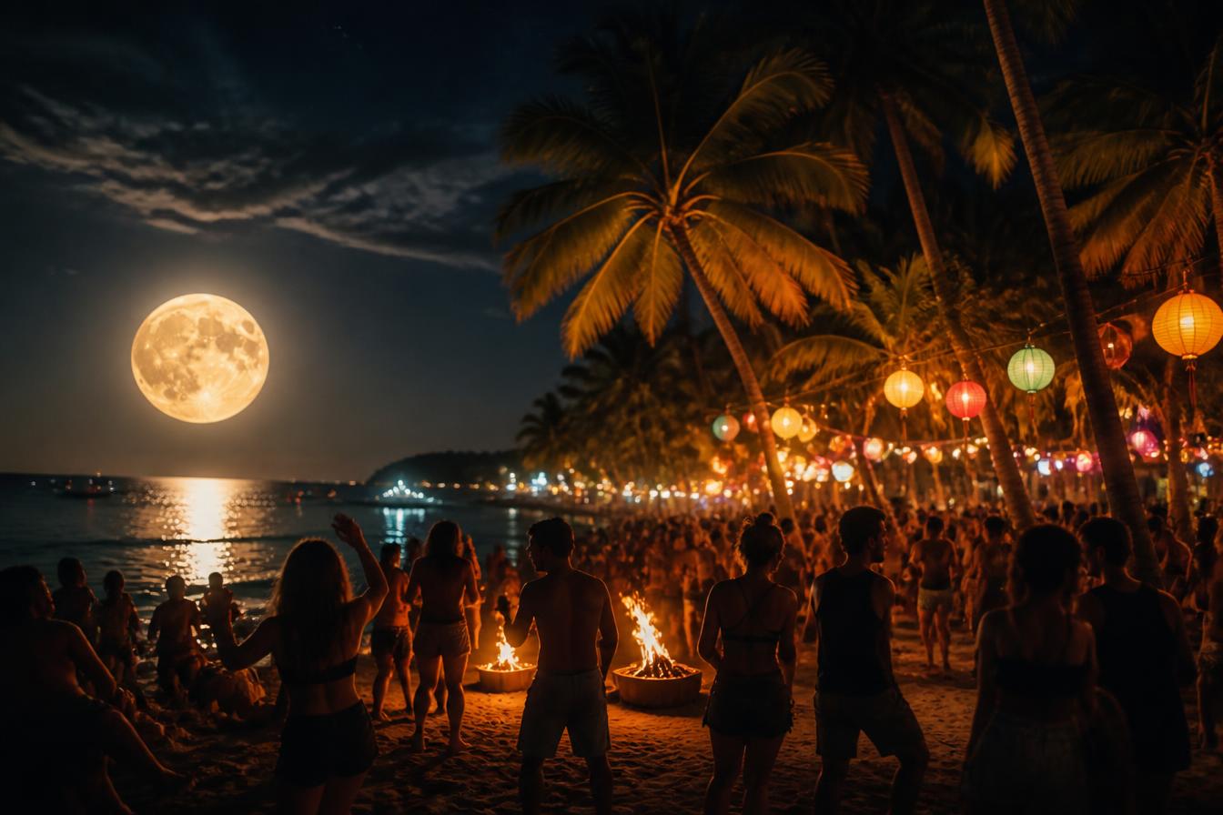 Full moon rising over a beach party on Koh Phangan with fire dancers and colorful lanterns