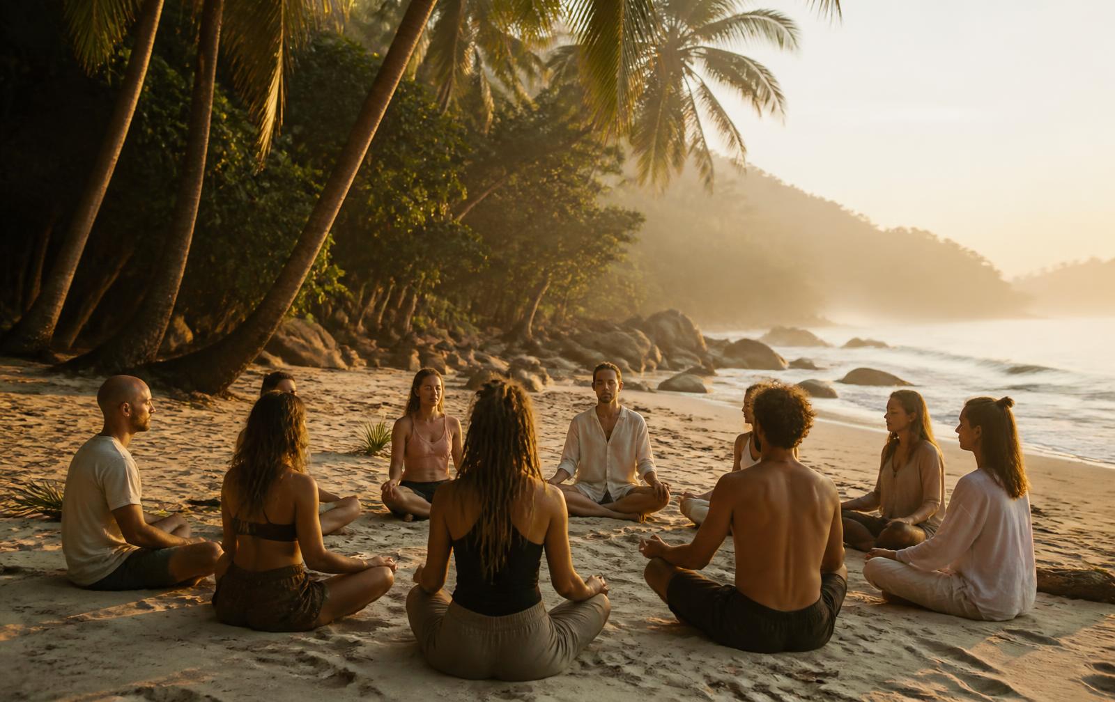 Small group meditating in a circle at sunrise on a Koh Phangan beach