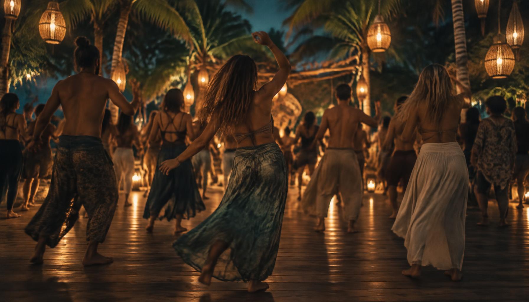 Barefoot dancers at an ecstatic dance session on Koh Phangan