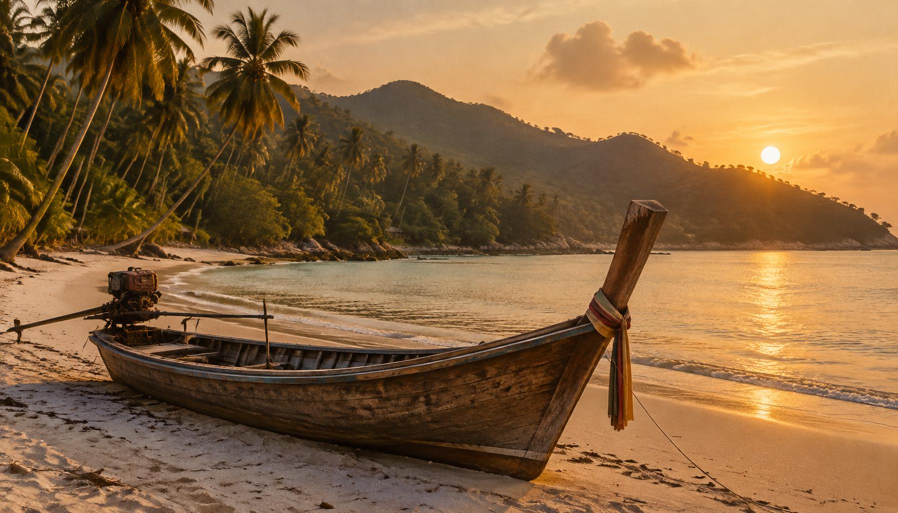 Wooden longtail boat on a quiet Koh Phangan beach at sunset