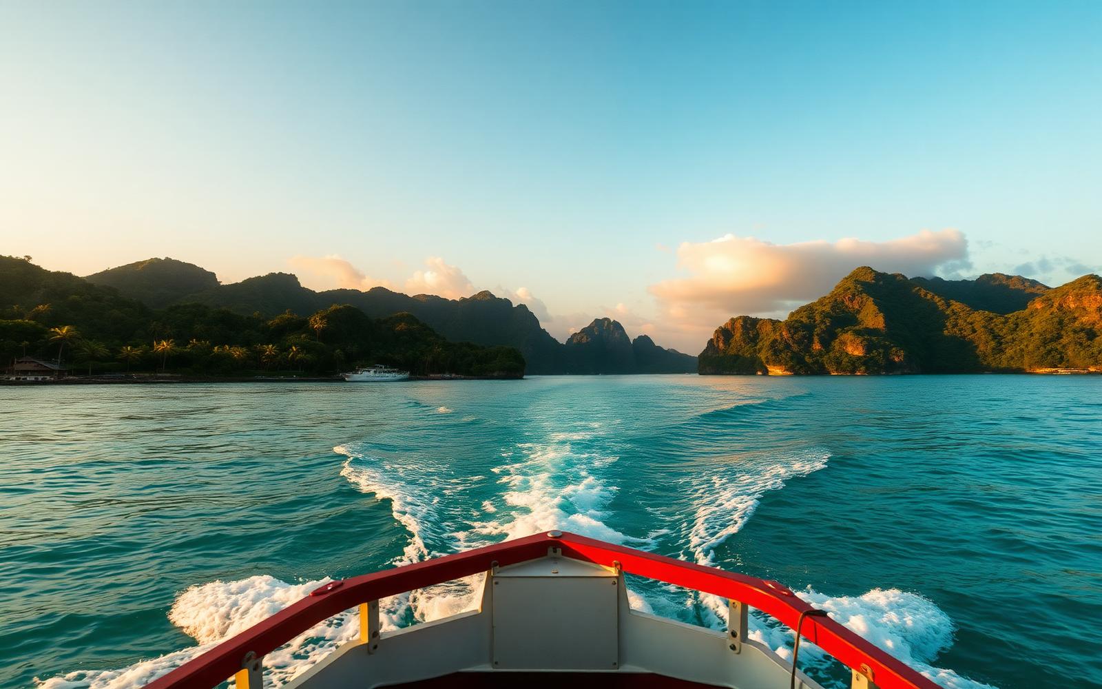 A ferry crossing turquoise water toward the green hills of Koh Phangan at golden hour