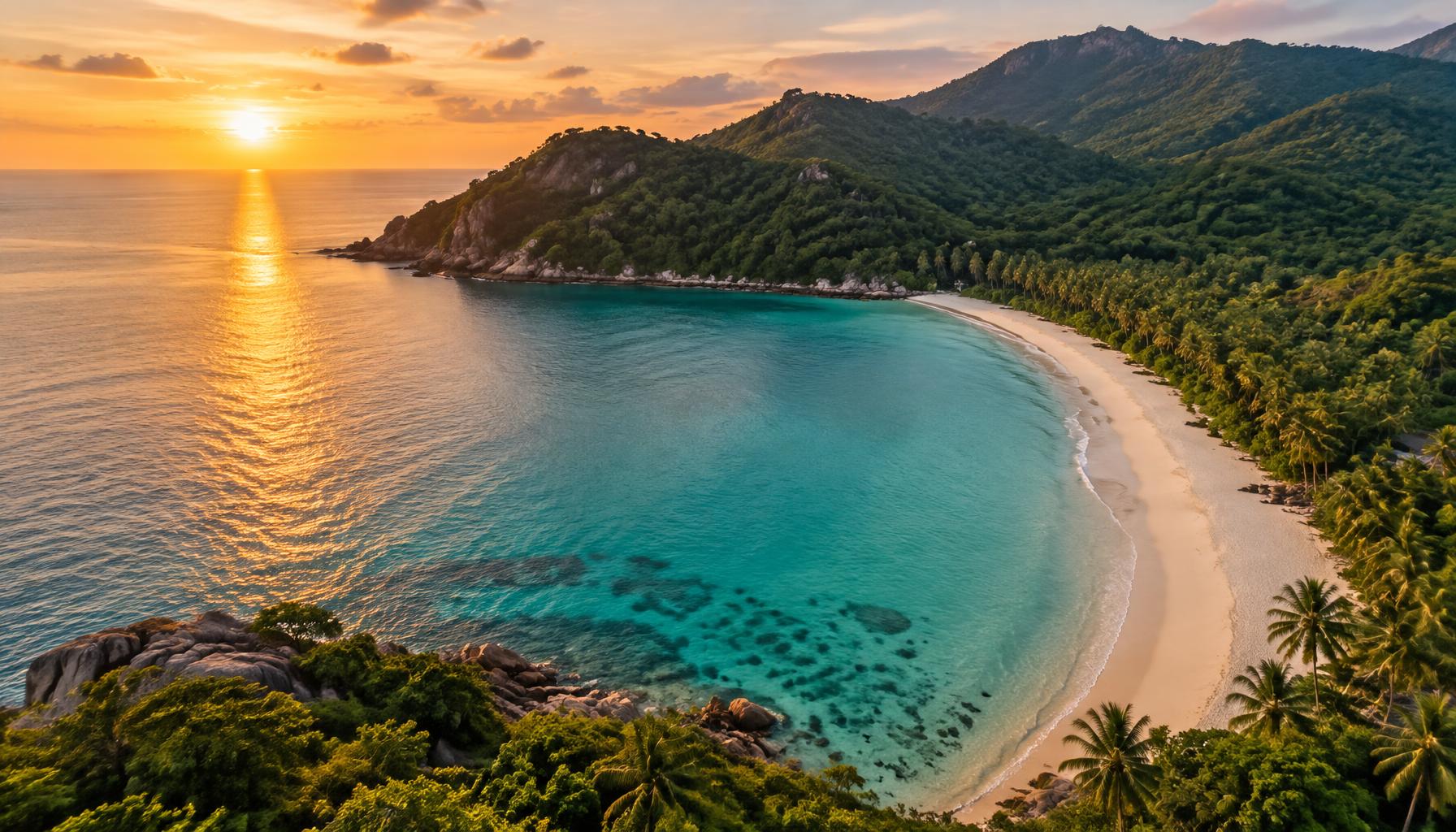 A wide aerial view of a quiet Koh Phangan beach at golden hour