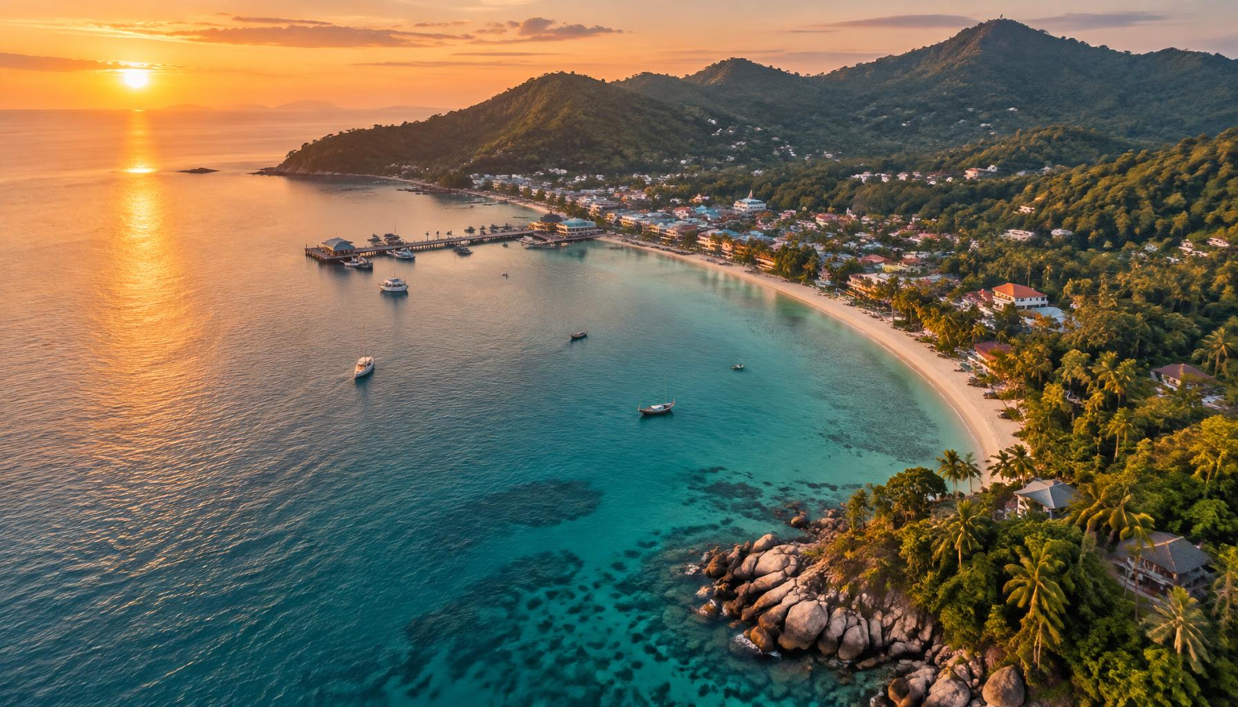 Aerial view at golden hour over Koh Phangan's west coast, with a curved beach, a pier and the town below green hills